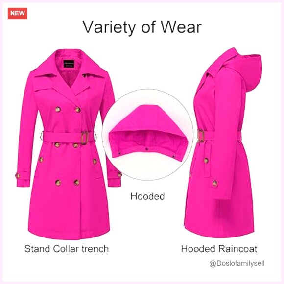 Long Trench Coat Double-Breasted Classic Lapel Slim Fit Belted Detachable Hood - Picture 3 of 6